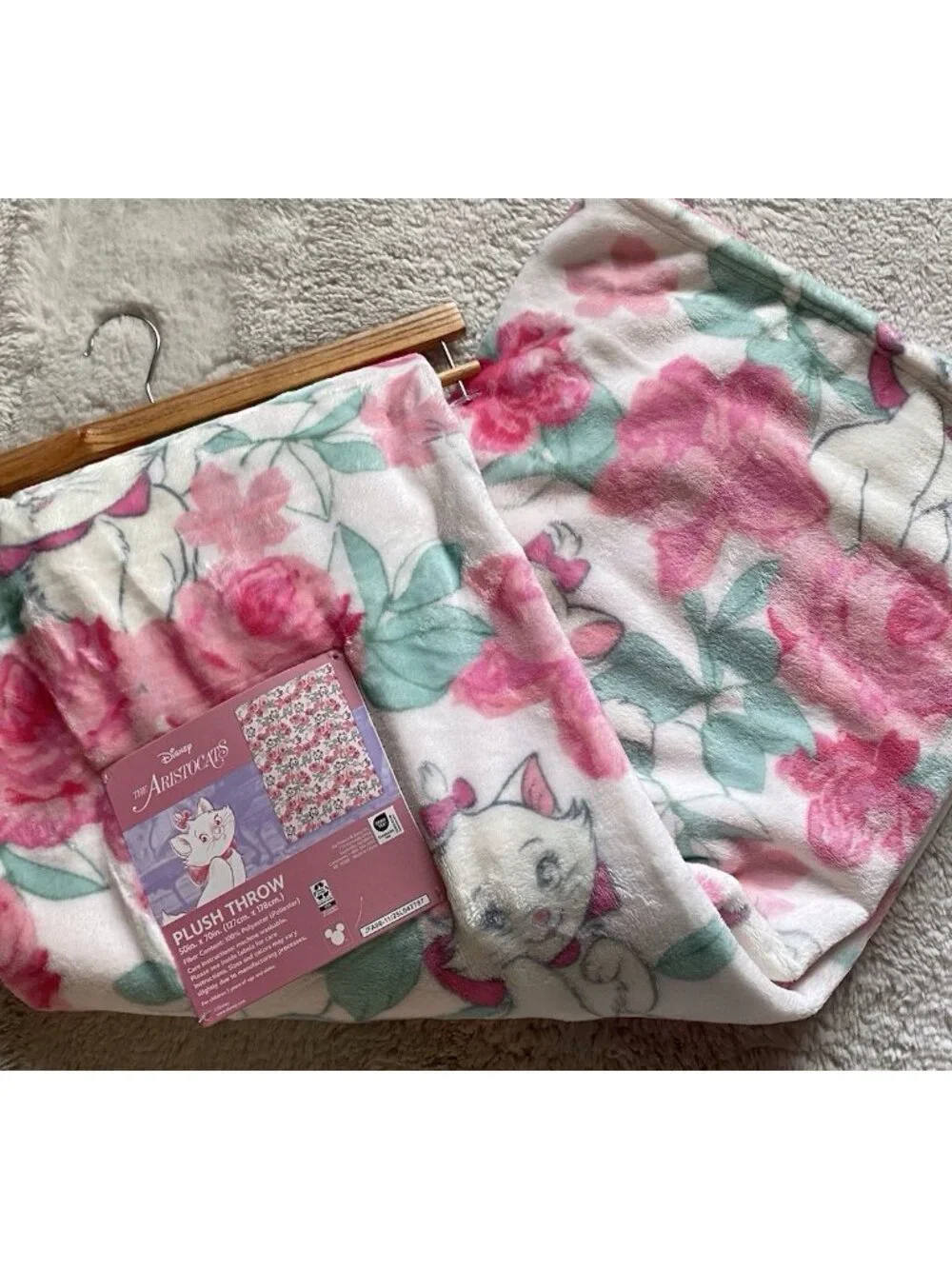 Disney Aristocats Marie Kitten Pink Roses Soft Throw Blanket‎ 50” X 70” NEW